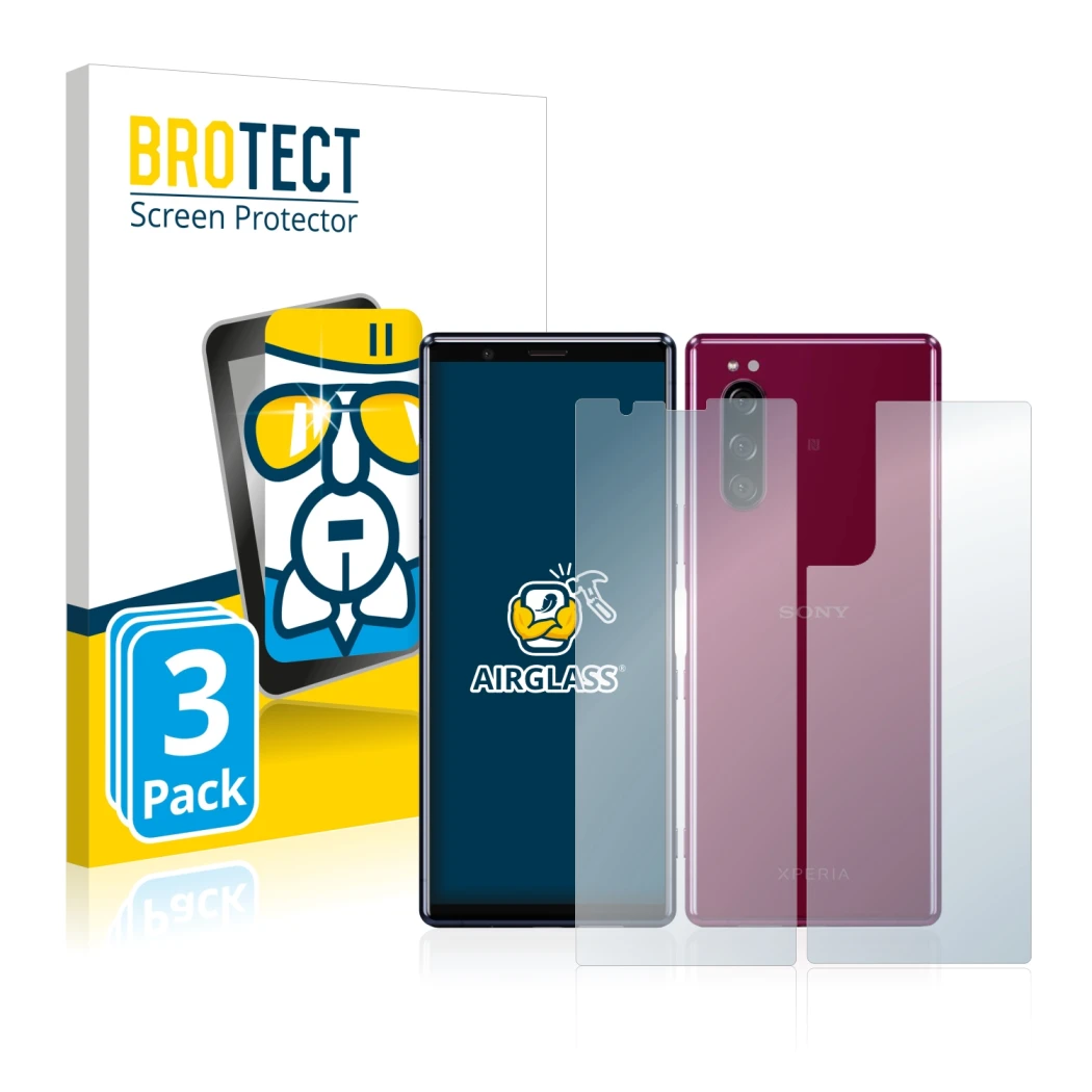 Parte frontal de un envase de producto con el logotipo de la marca BROTECT. Al lado se muestra el dispositivo Sony Xperia 5 (F