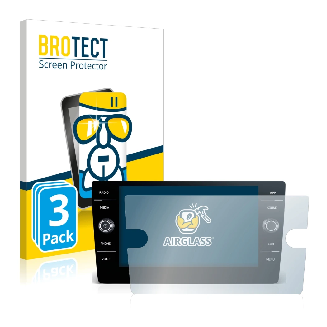 Parte frontal de un envase de producto con el logotipo de la marca BROTECT. Al lado se muestra el dispositivo Volkswagen Golf