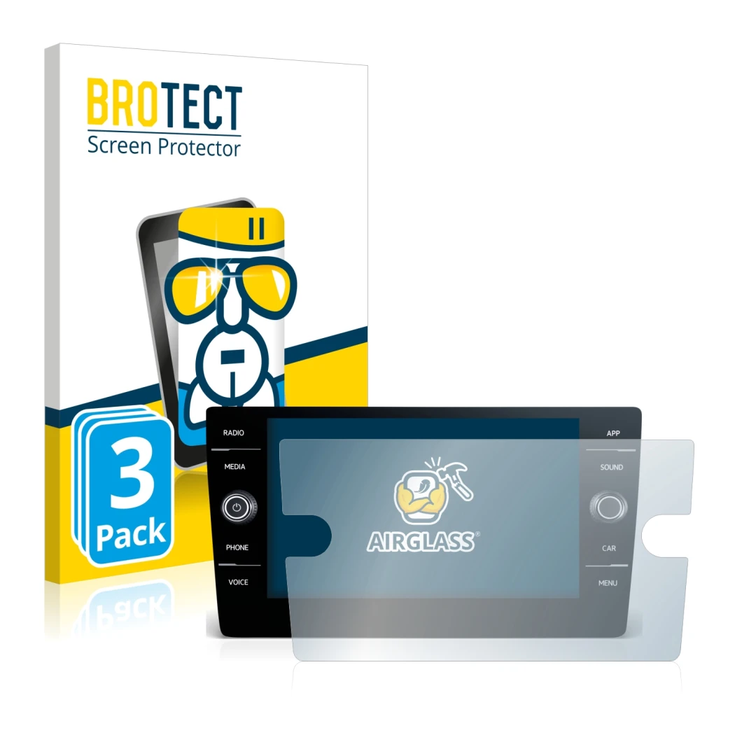 Parte frontal de un envase de producto con el logotipo de la marca BROTECT. Al lado se muestra el dispositivo Volkswagen Toura