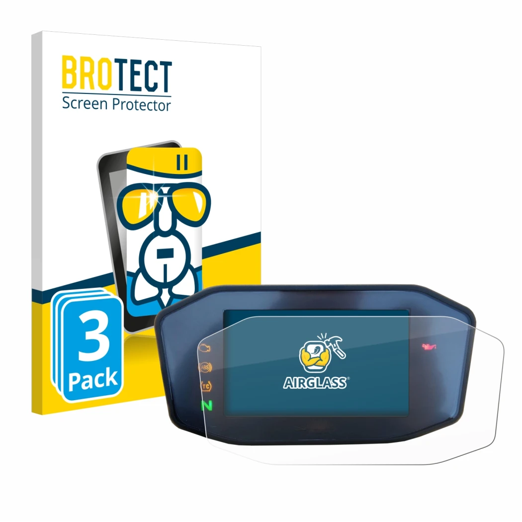 Parte frontal de un envase de producto con el logotipo de la marca BROTECT. Al lado se muestra el dispositivo KTM 890 Duke R 2