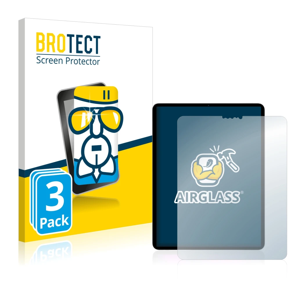 Parte frontal de un envase de producto con el logotipo de la marca BROTECT. Al lado se muestra el dispositivo Apple iPad Pro 1