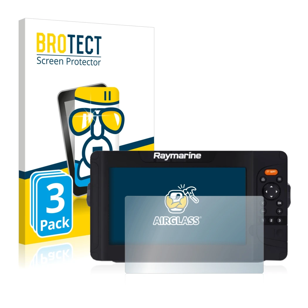 Parte frontal de un envase de producto con el logotipo de la marca BROTECT. Al lado se muestra el dispositivo Raymarine Elemen