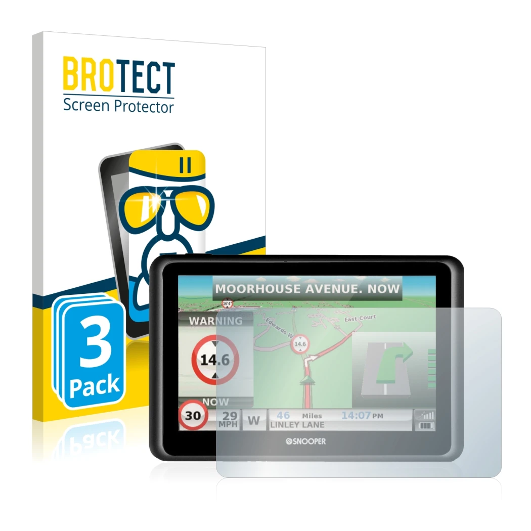 Parte frontal de un envase de producto con el logotipo de la marca BROTECT. Al lado se muestra el dispositivo Snooper Truckmat