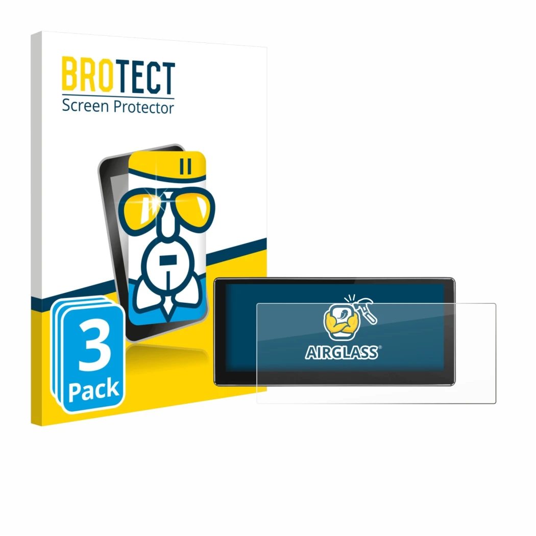 Parte frontal de un envase de producto con el logotipo de la marca BROTECT. Al lado se muestra el dispositivo Joying 4G Car Ra