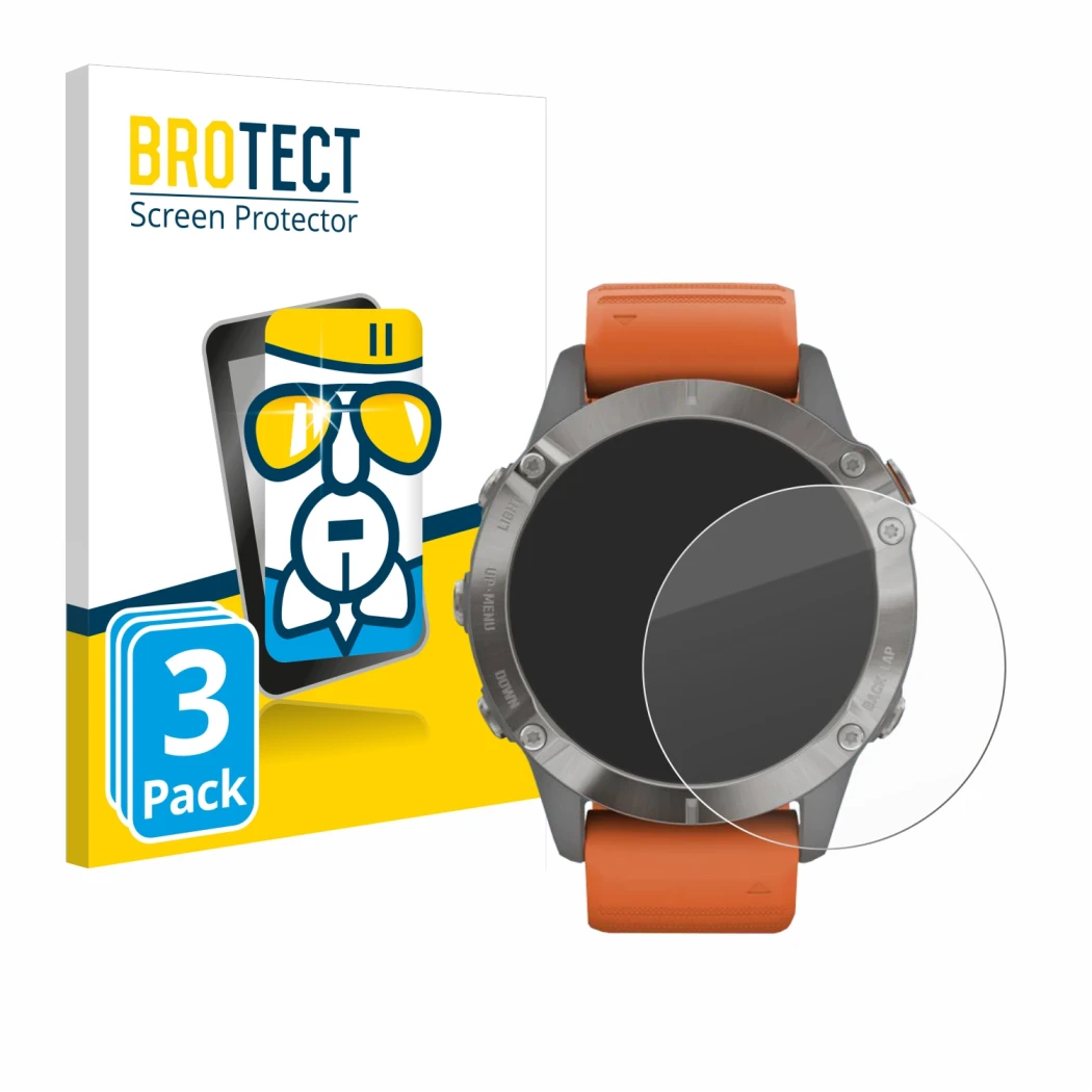 Parte frontal de un envase de producto con el logotipo de la marca BROTECT. Al lado se muestra el dispositivo Garmin Fenix 6 P