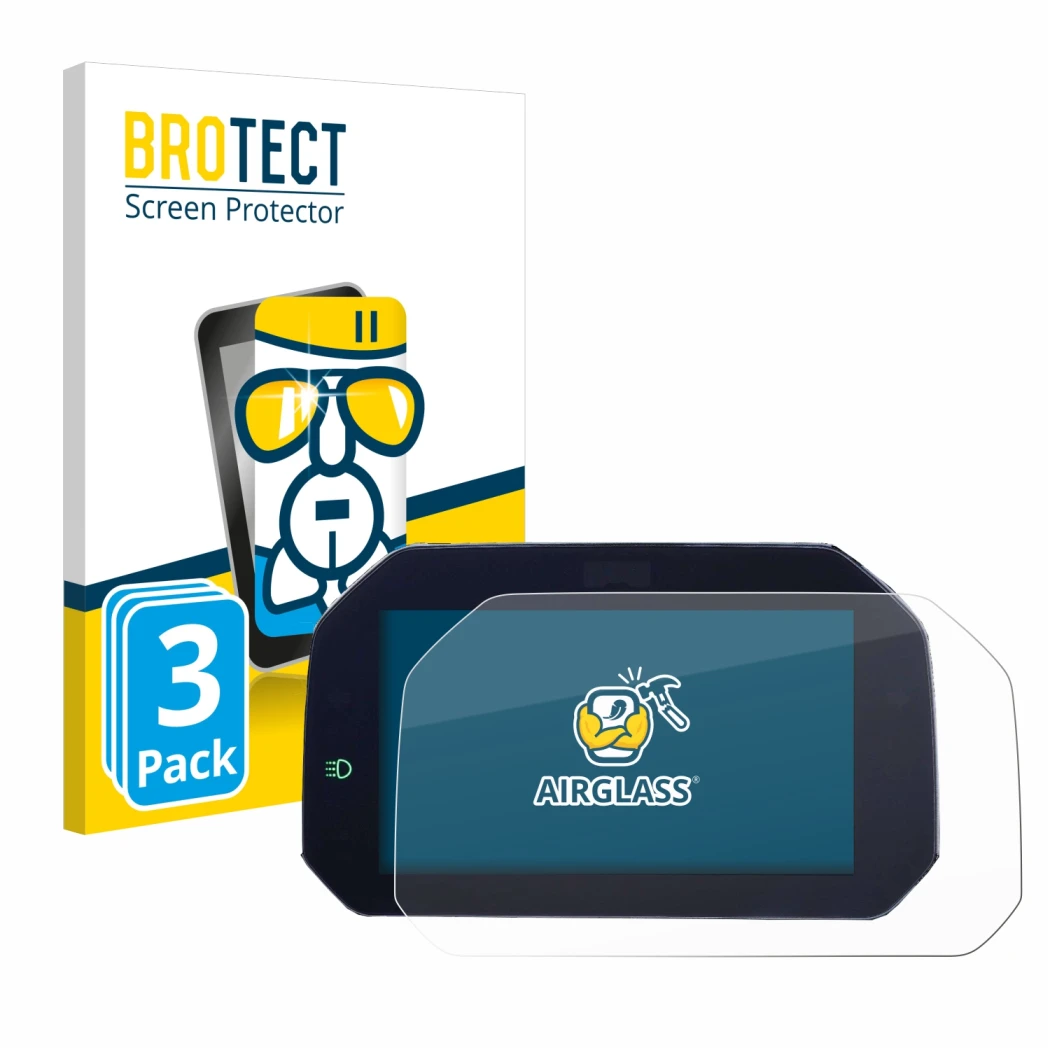 Parte frontal de un envase de producto con el logotipo de la marca BROTECT. Al lado se muestra el dispositivo BMW S 1000 XR 20