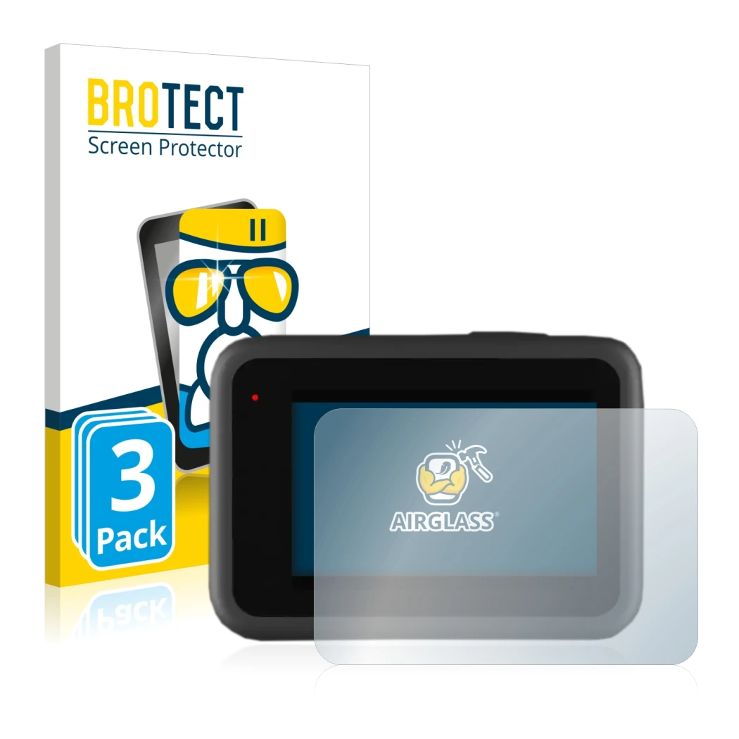 Parte frontal de un envase de producto con el logotipo de la marca BROTECT. Al lado se muestra el dispositivo GoPro Hero 9 Bla