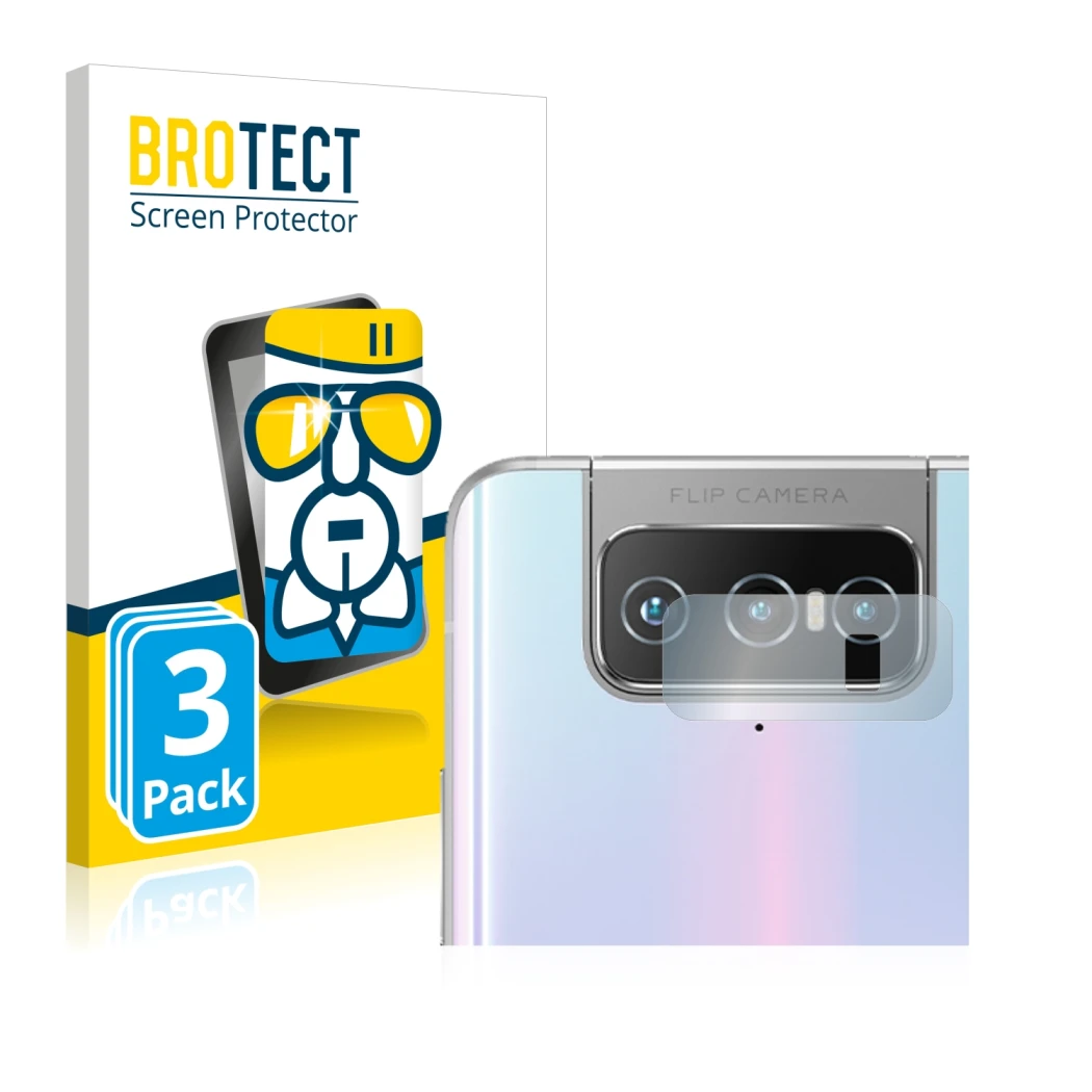 Parte frontal de un envase de producto con el logotipo de la marca BROTECT. Al lado se muestra el dispositivo ASUS Zenfone 7 P