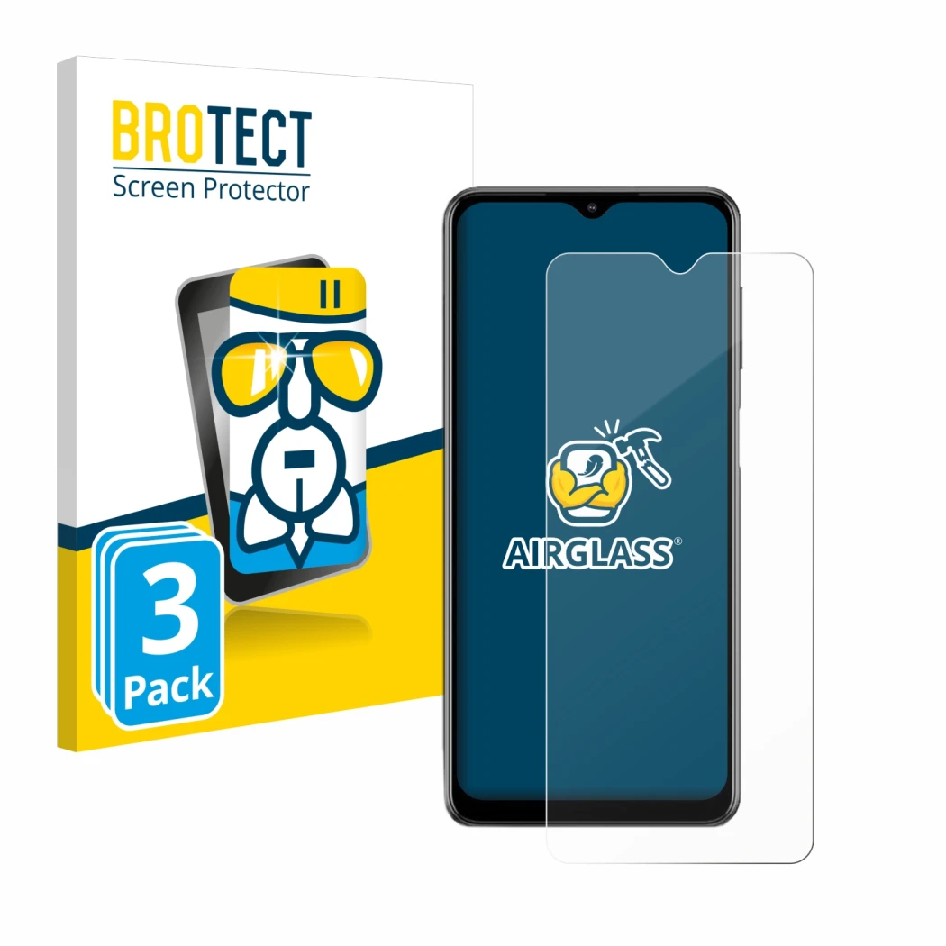 Parte frontal de un envase de producto con el logotipo de la marca BROTECT. Al lado se muestra el dispositivo Samsung Galaxy M