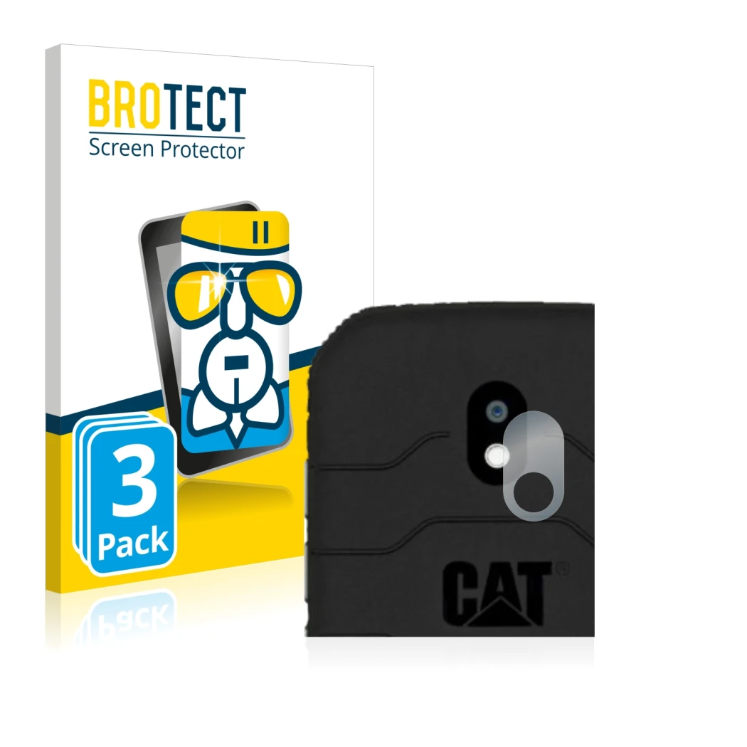 Parte frontal de un envase de producto con el logotipo de la marca BROTECT. Al lado se muestra el dispositivo Caterpillar Cat 