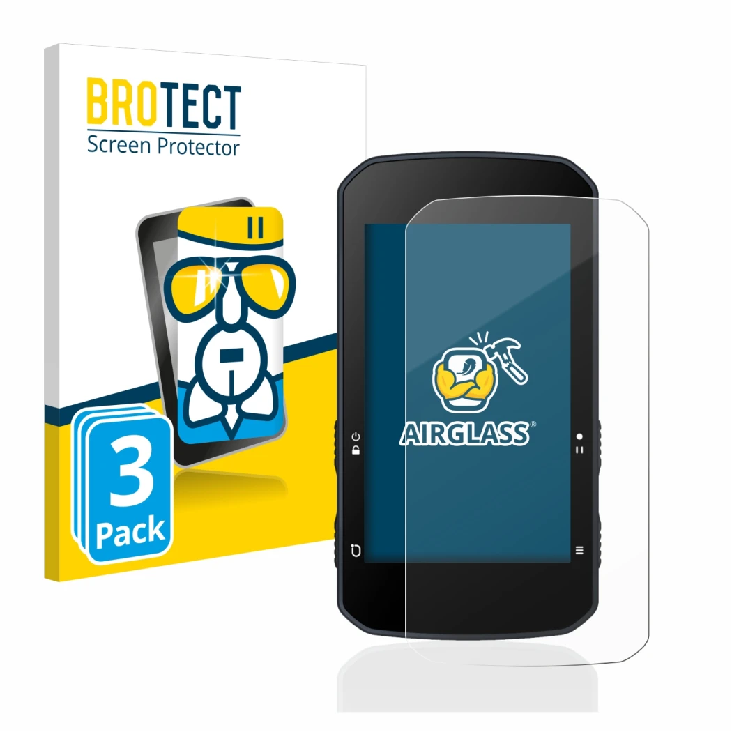 Parte frontal de un envase de producto con el logotipo de la marca BROTECT. Al lado se muestra el dispositivo Bryton Rider 750