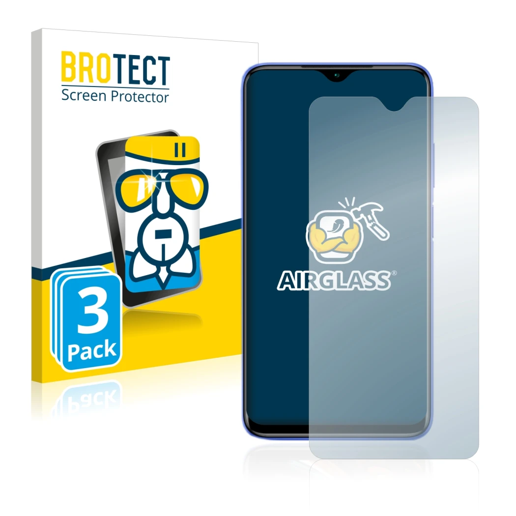 Parte frontal de un envase de producto con el logotipo de la marca BROTECT. Al lado se muestra el dispositivo Xiaomi Redmi 9T 