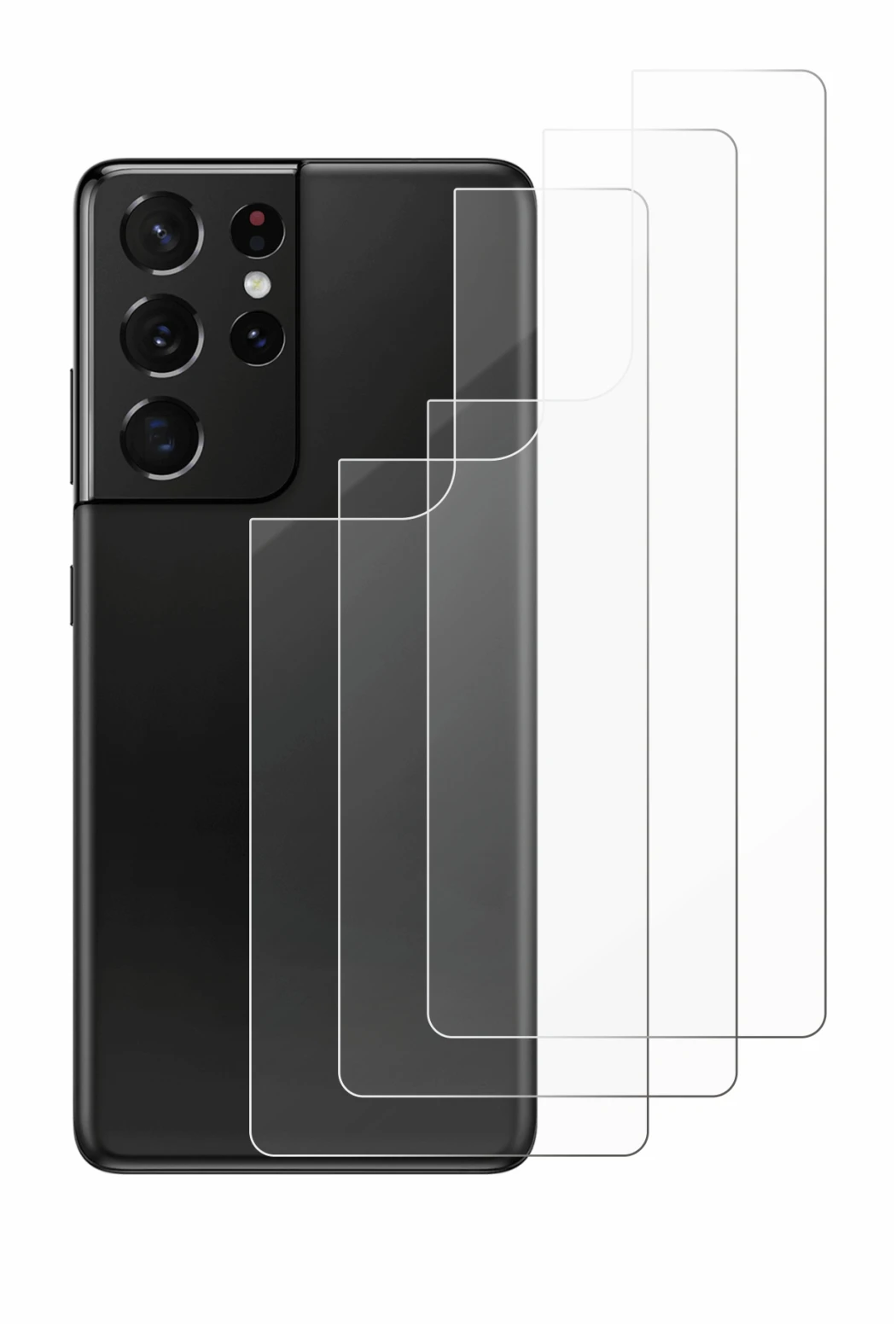 Imagen del dispositivo Samsung Galaxy S21 Ultra 5G (Trasero) con una amplia variedad de protectores de pantalla.