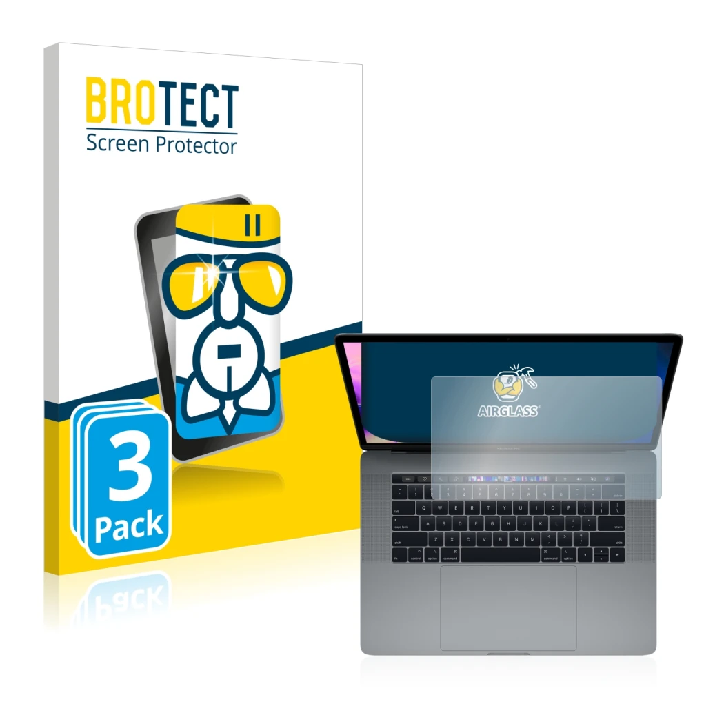 Parte frontal de un envase de producto con el logotipo de la marca BROTECT. Al lado se muestra el dispositivo Apple MacBook Pr