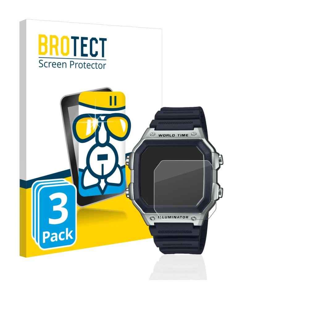 Parte frontal de un envase de producto con el logotipo de la marca BROTECT. Al lado se muestra el dispositivo Casio AE-1200WH 