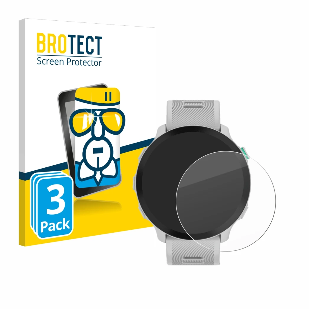 Parte frontal de un envase de producto con el logotipo de la marca BROTECT. Al lado se muestra el dispositivo Garmin Forerunne