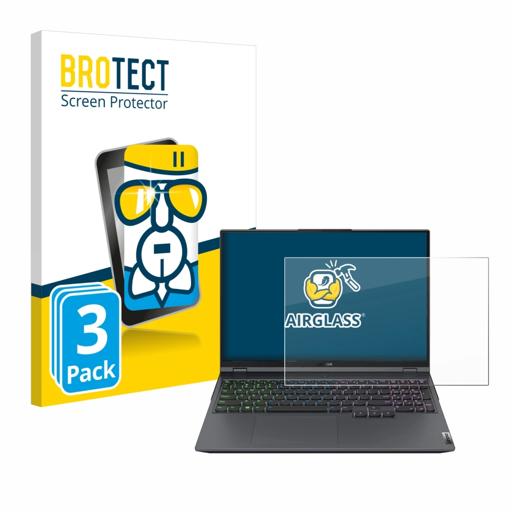 Parte frontal de un envase de producto con el logotipo de la marca BROTECT. Al lado se muestra el dispositivo Lenovo Legion 5 