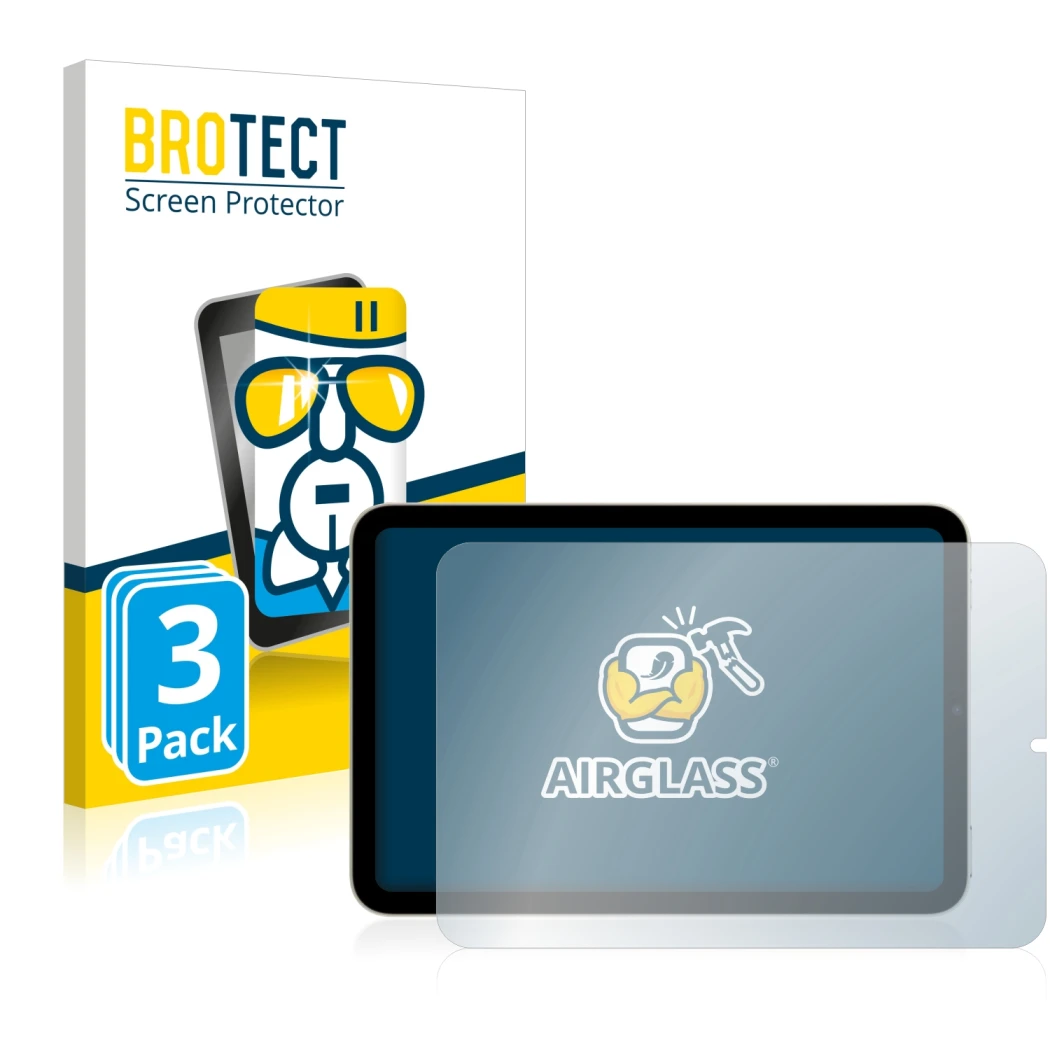 Parte frontal de un envase de producto con el logotipo de la marca BROTECT. Al lado se muestra el dispositivo Apple iPad Mini 