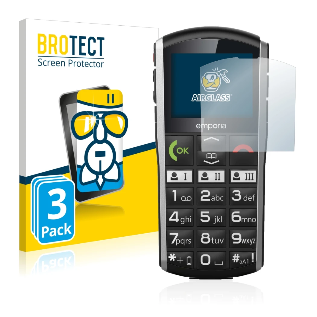 Parte frontal de un envase de producto con el logotipo de la marca BROTECT. Al lado se muestra el dispositivo Emporia Simplici