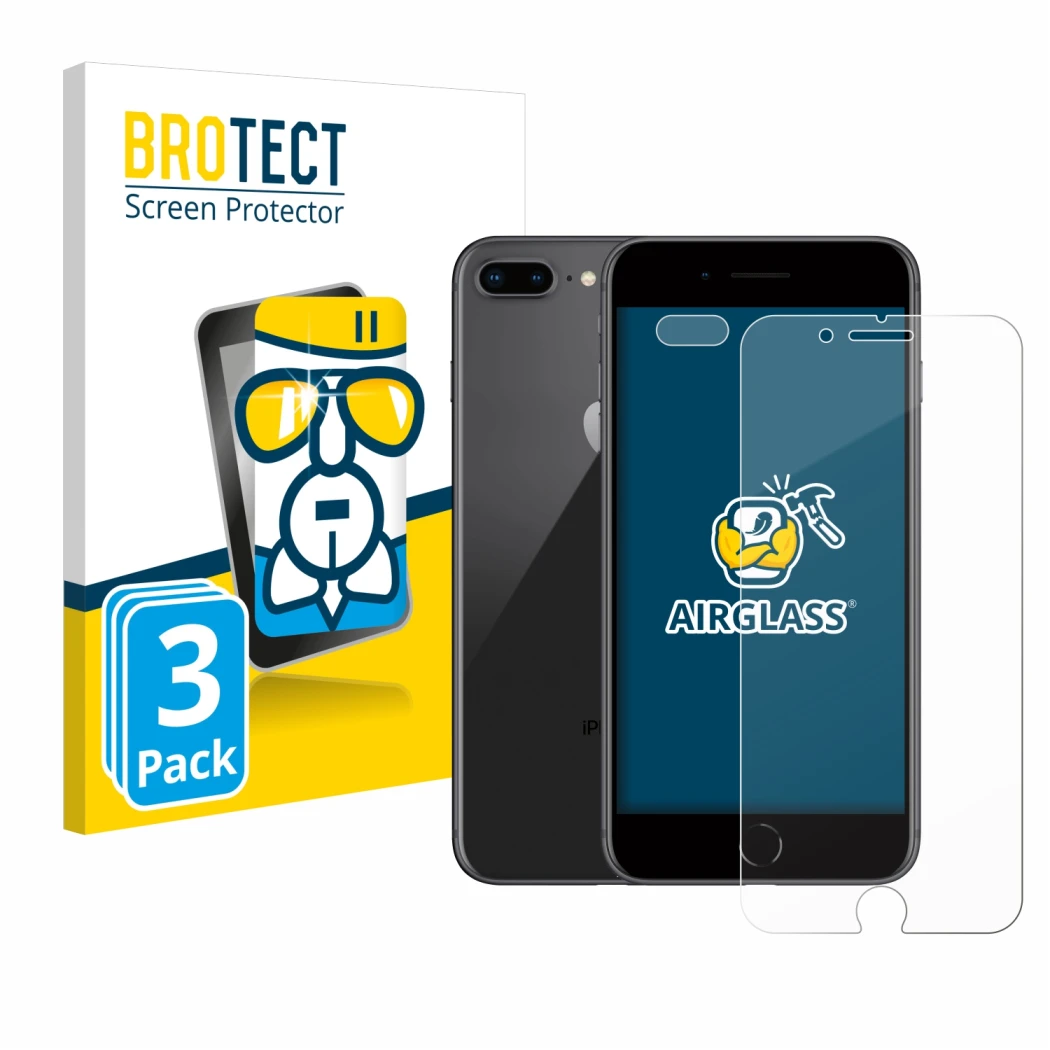 Parte frontal de un envase de producto con el logotipo de la marca BROTECT. Al lado se muestra el dispositivo Apple iPhone 8 P