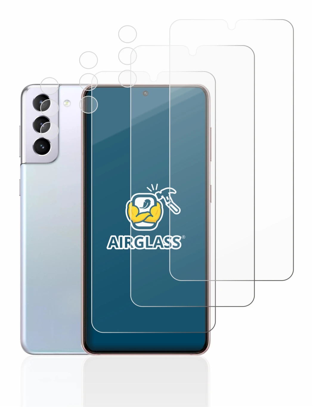 Imagen del dispositivo Samsung Galaxy S21 5G (Frontal+Cámara) con una amplia variedad de protectores de pantalla.