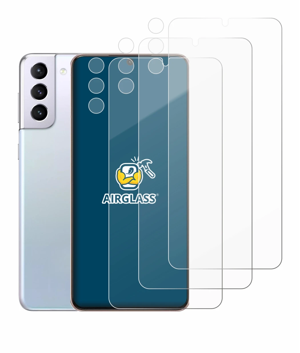 Imagen del dispositivo Samsung Galaxy S21 Plus 5G (Frontal+Cámara) con una amplia variedad de protectores de pantalla.