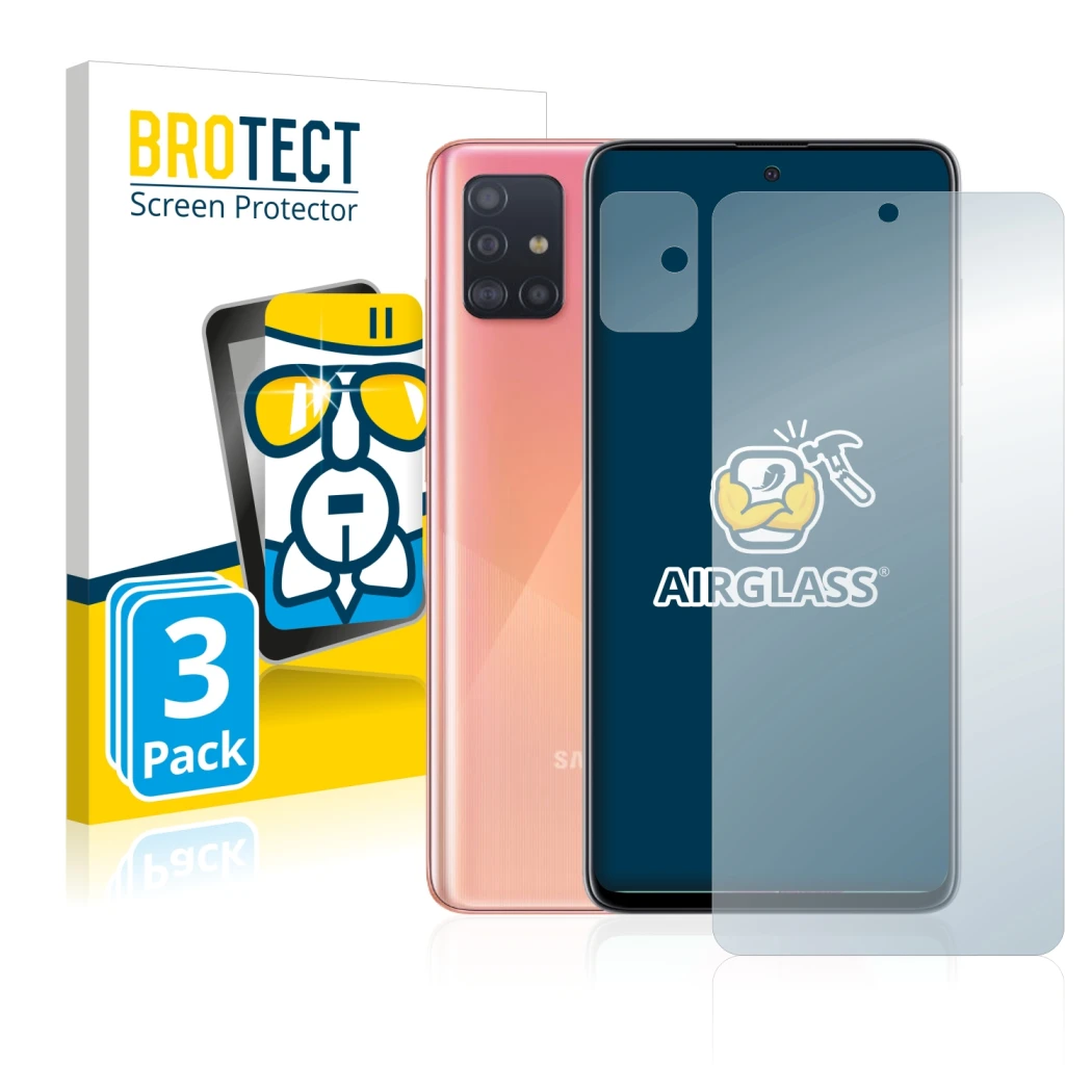 Parte frontal de un envase de producto con el logotipo de la marca BROTECT. Al lado se muestra el dispositivo Samsung Galaxy A