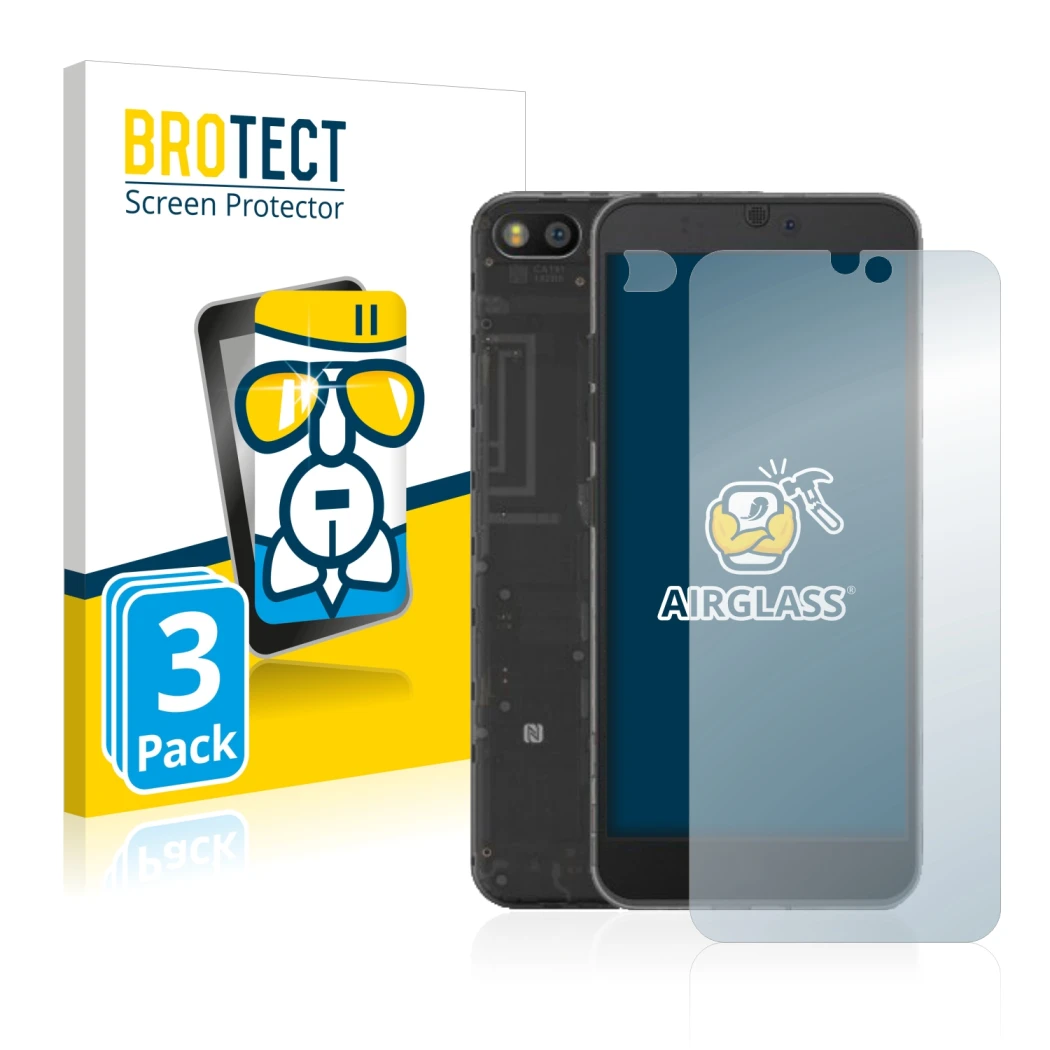 Parte frontal de un envase de producto con el logotipo de la marca BROTECT. Al lado se muestra el dispositivo Fairphone 3 (Fro