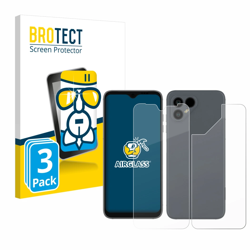 Parte frontal de un envase de producto con el logotipo de la marca BROTECT. Al lado se muestra el dispositivo Fairphone 4 (Fro
