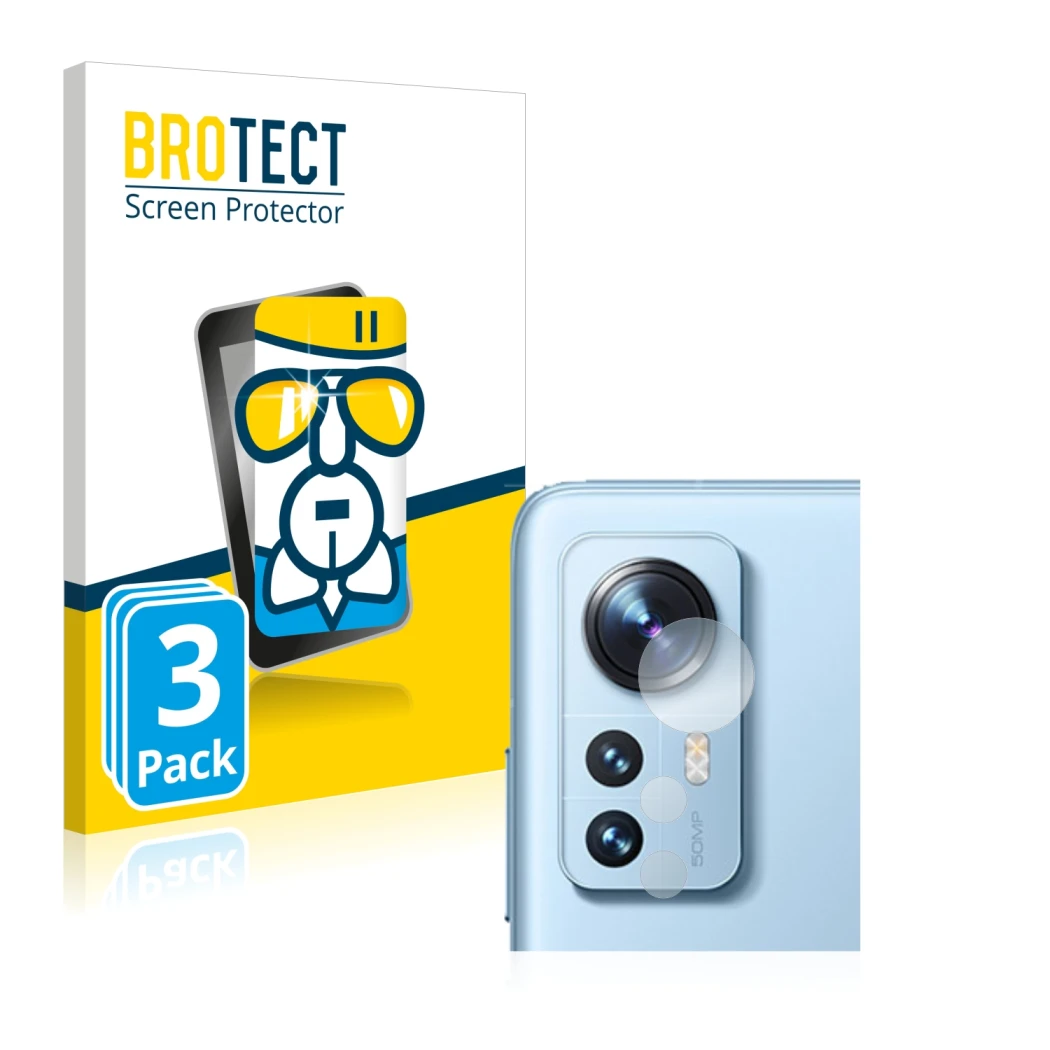 Parte frontal de un envase de producto con el logotipo de la marca BROTECT. Al lado se muestra el dispositivo Xiaomi 12 Pro (S