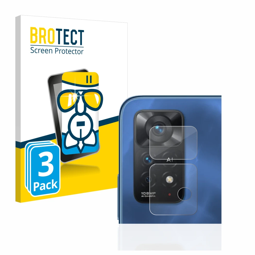 Parte frontal de un envase de producto con el logotipo de la marca BROTECT. Al lado se muestra el dispositivo Xiaomi Redmi Not