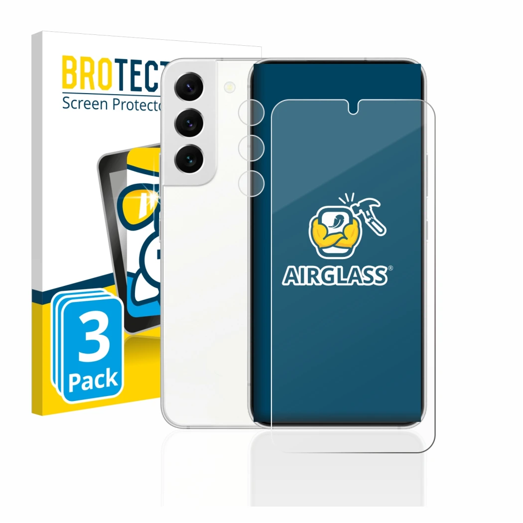 Parte frontal de un envase de producto con el logotipo de la marca BROTECT. Al lado se muestra el dispositivo Samsung Galaxy S