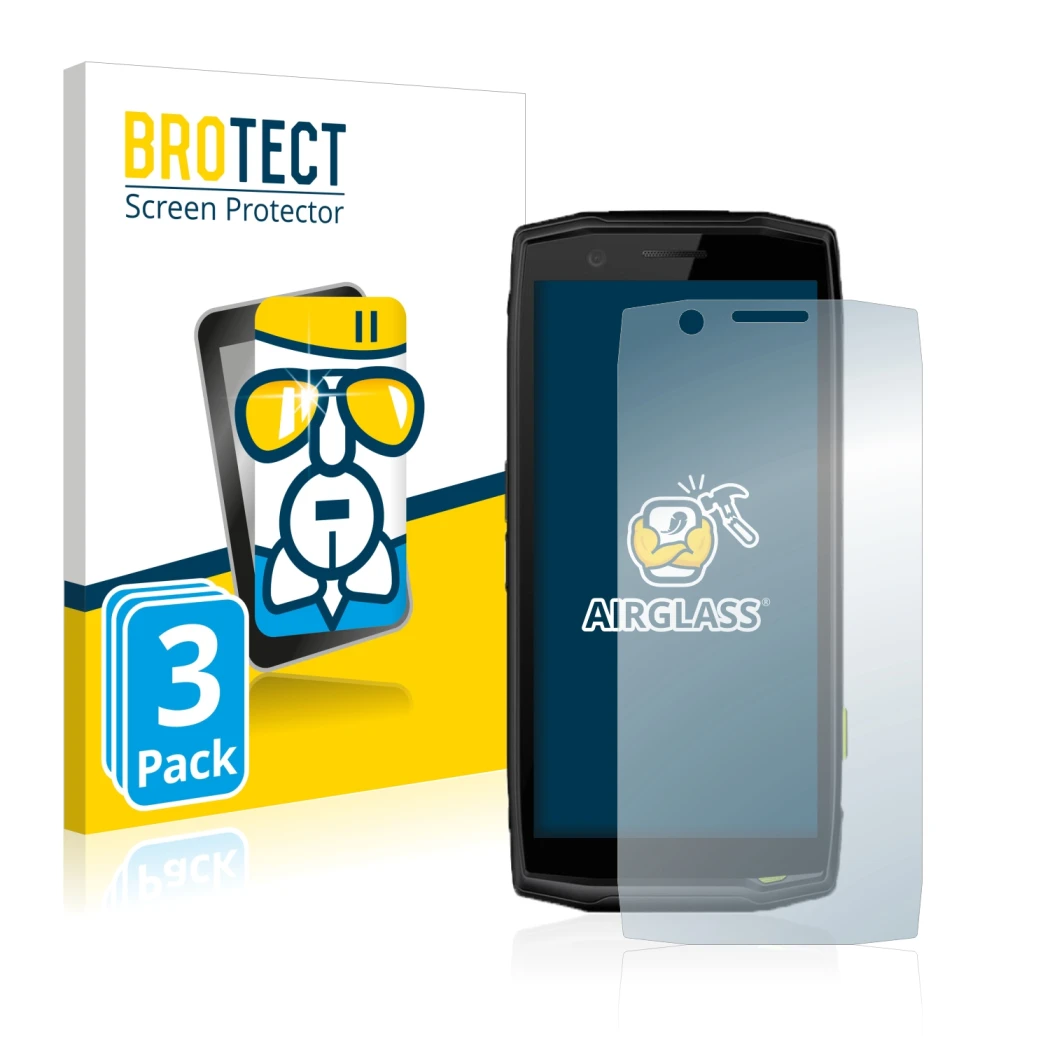 Parte frontal de un envase de producto con el logotipo de la marca BROTECT. Al lado se muestra el dispositivo Crosscall Action