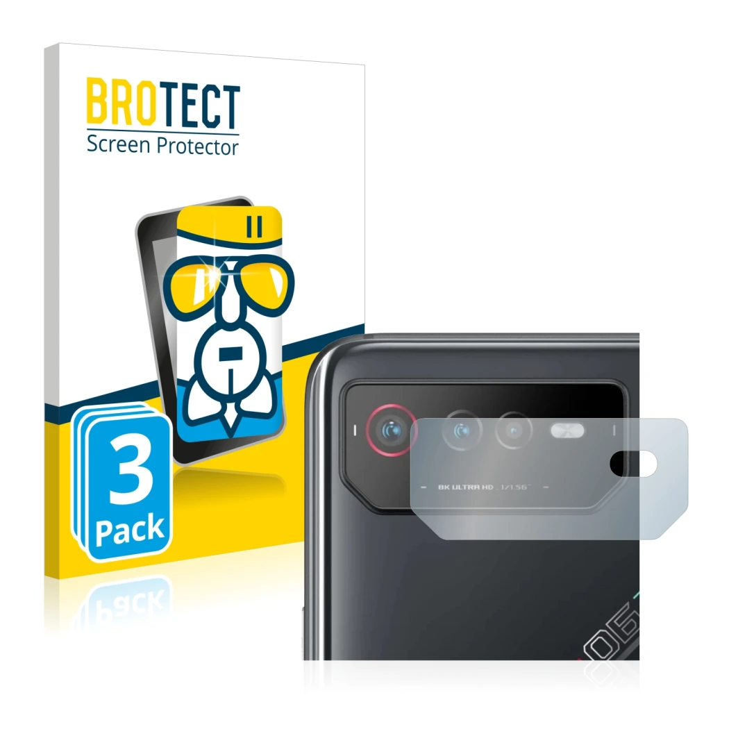 Parte frontal de un envase de producto con el logotipo de la marca BROTECT. Al lado se muestra el dispositivo ASUS ROG Phone 6