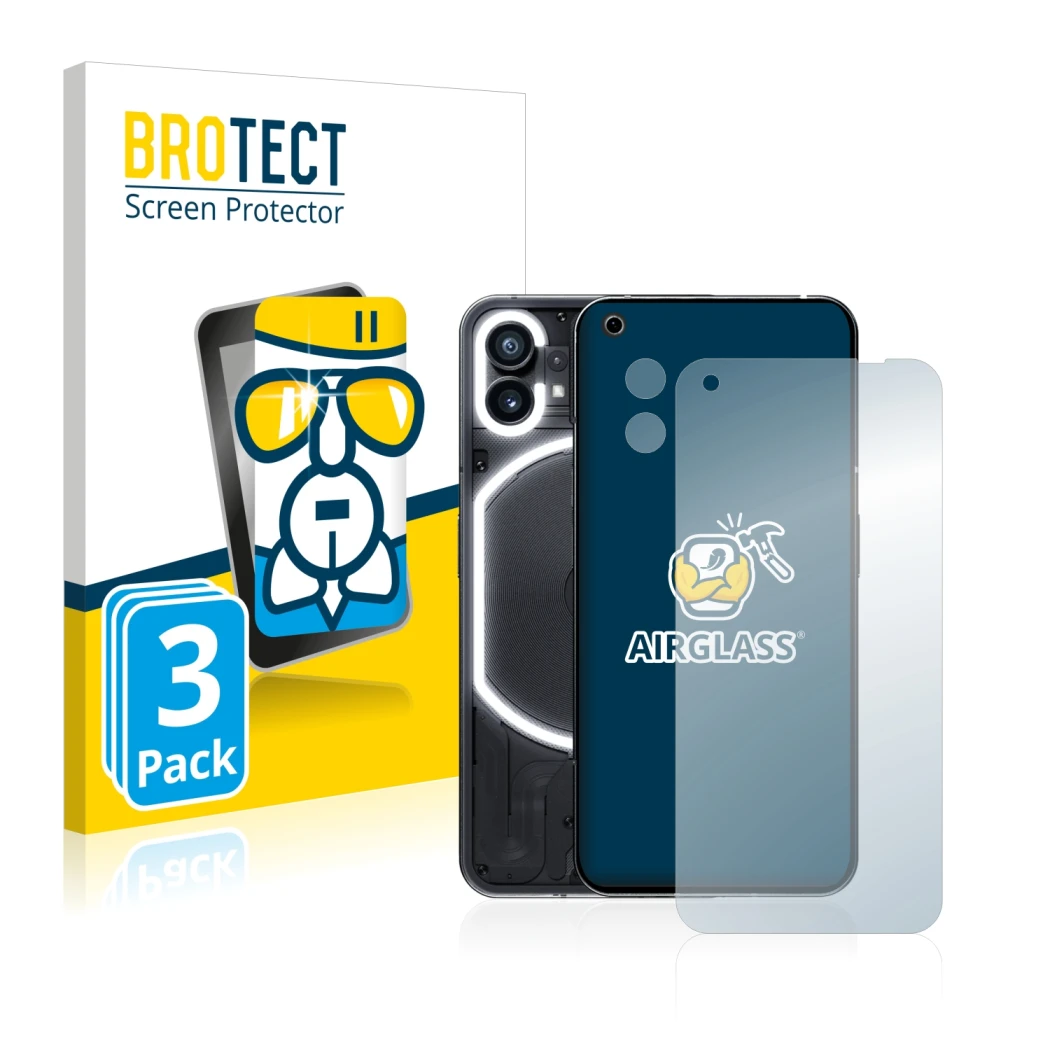 Parte frontal de un envase de producto con el logotipo de la marca BROTECT. Al lado se muestra el dispositivo Nothing Phone (1