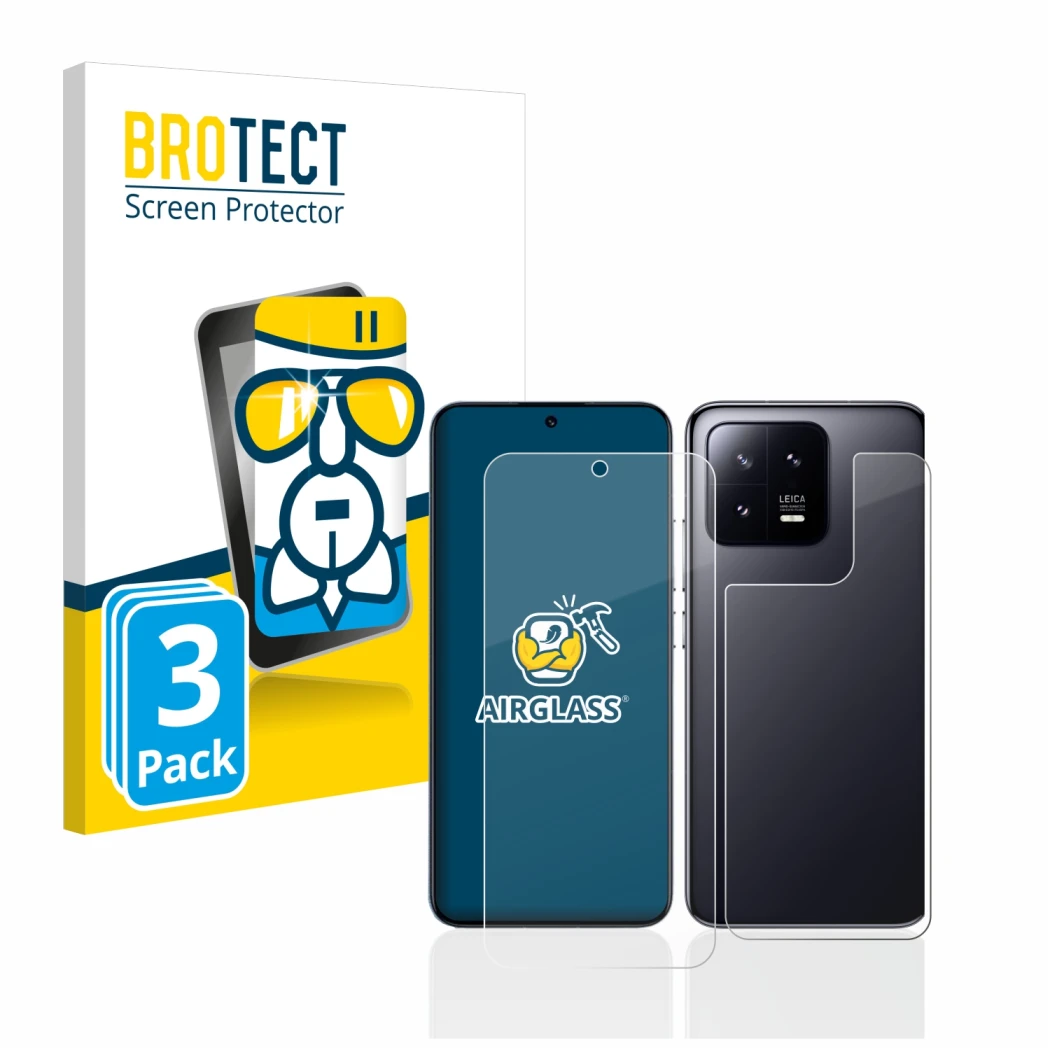 Parte frontal de un envase de producto con el logotipo de la marca BROTECT. Al lado se muestra el dispositivo Xiaomi 13 (Front