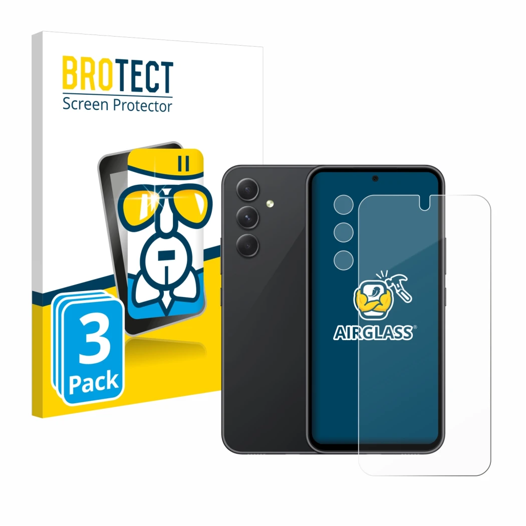 Parte frontal de un envase de producto con el logotipo de la marca BROTECT. Al lado se muestra el dispositivo Samsung Galaxy A