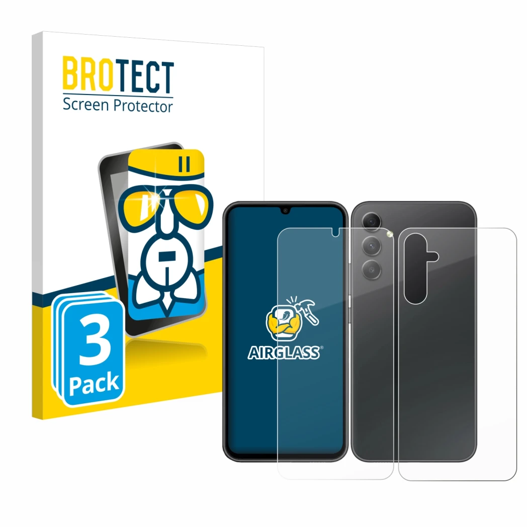Parte frontal de un envase de producto con el logotipo de la marca BROTECT. Al lado se muestra el dispositivo Samsung Galaxy A