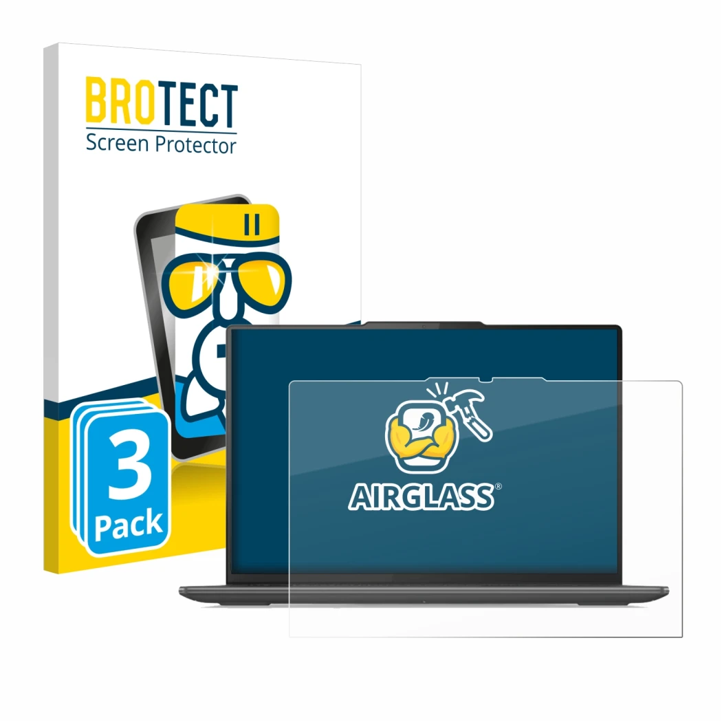 Parte frontal de un envase de producto con el logotipo de la marca BROTECT. Al lado se muestra el dispositivo Lenovo Yoga Pro