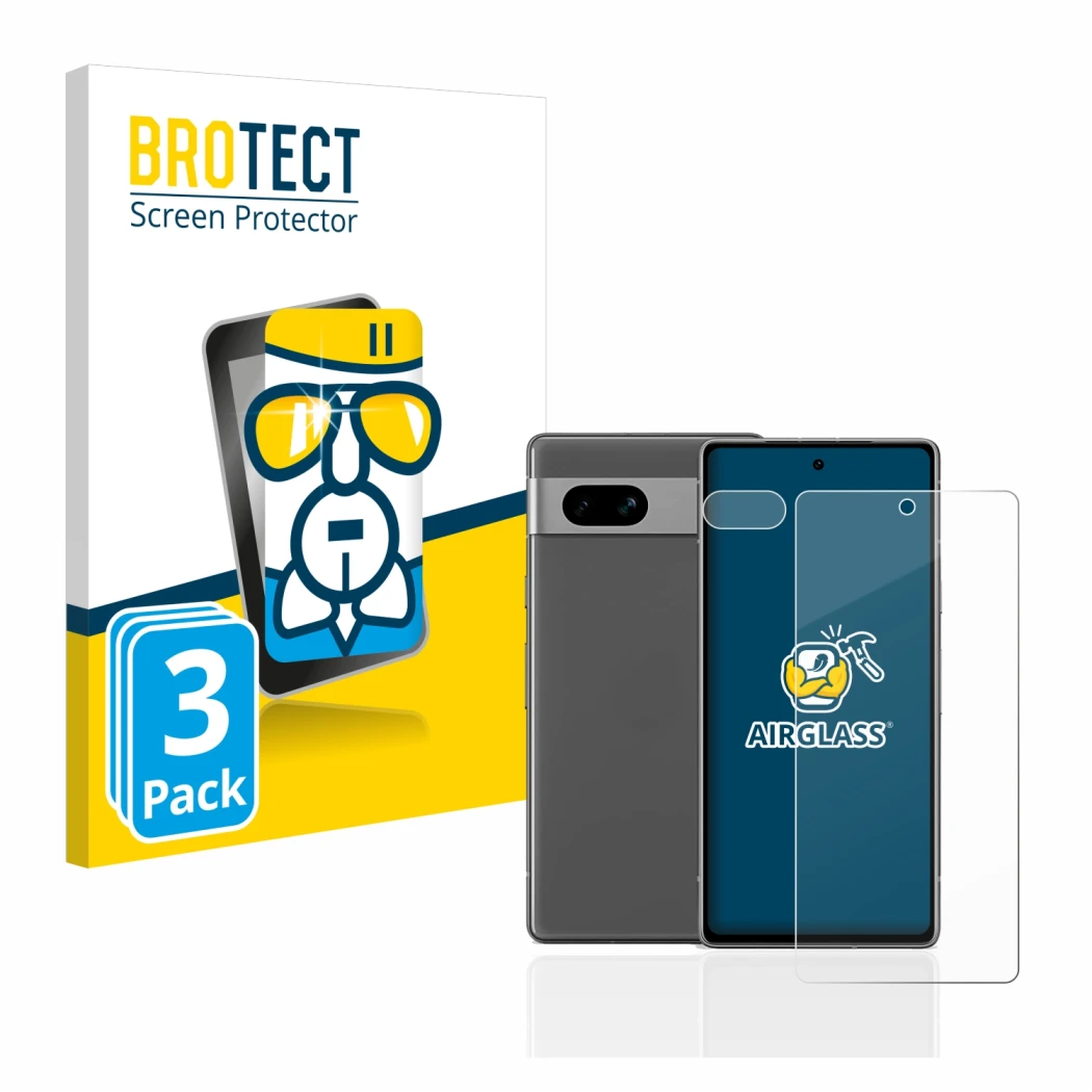 Parte frontal de un envase de producto con el logotipo de la marca BROTECT. Al lado se muestra el dispositivo Google Pixel 7a 