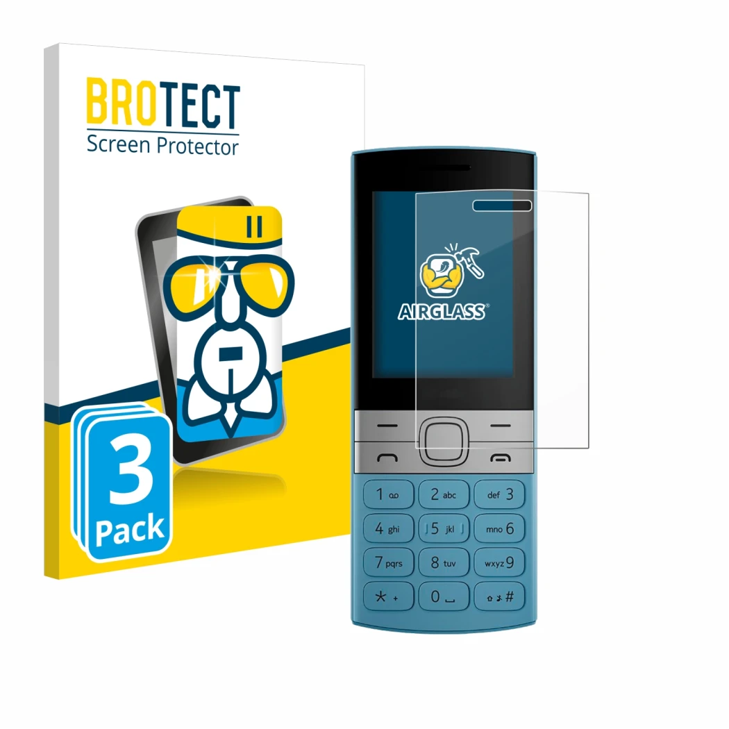 Parte frontal de un envase de producto con el logotipo de la marca BROTECT. Al lado se muestra el dispositivo Nokia 150 (2023)