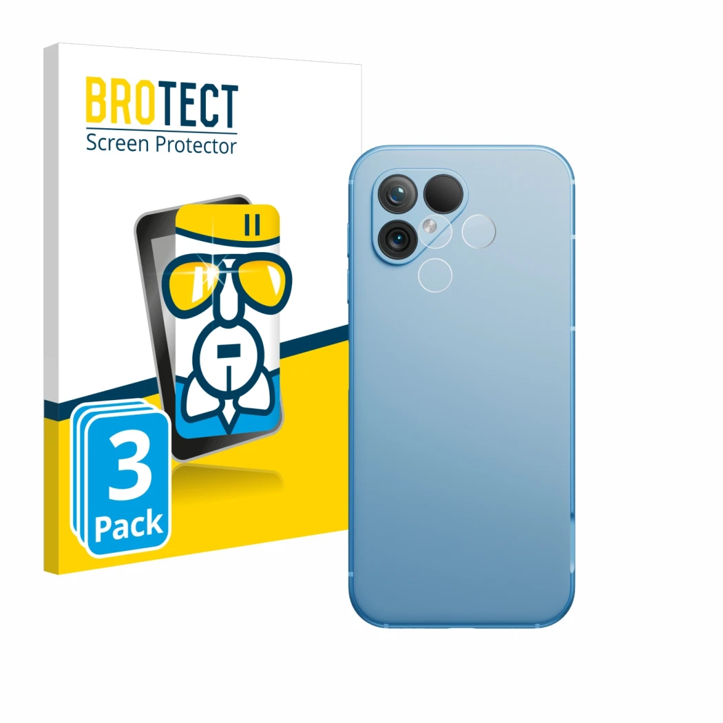 Parte frontal de un envase de producto con el logotipo de la marca BROTECT. Al lado se muestra el dispositivo Fairphone 5 (SÓL