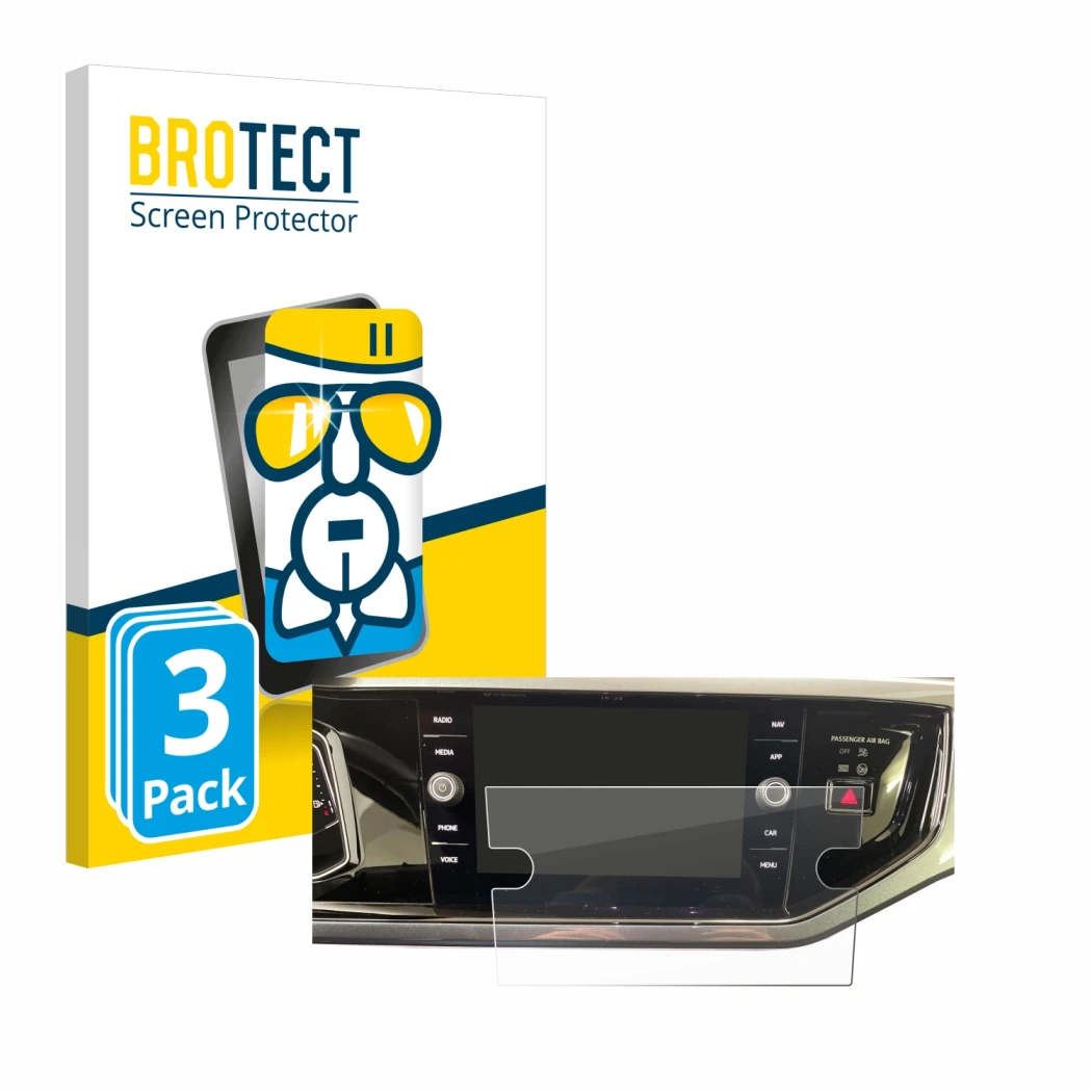 Parte frontal de un envase de producto con el logotipo de la marca BROTECT. Al lado se muestra el dispositivo Volkswagen Polo 