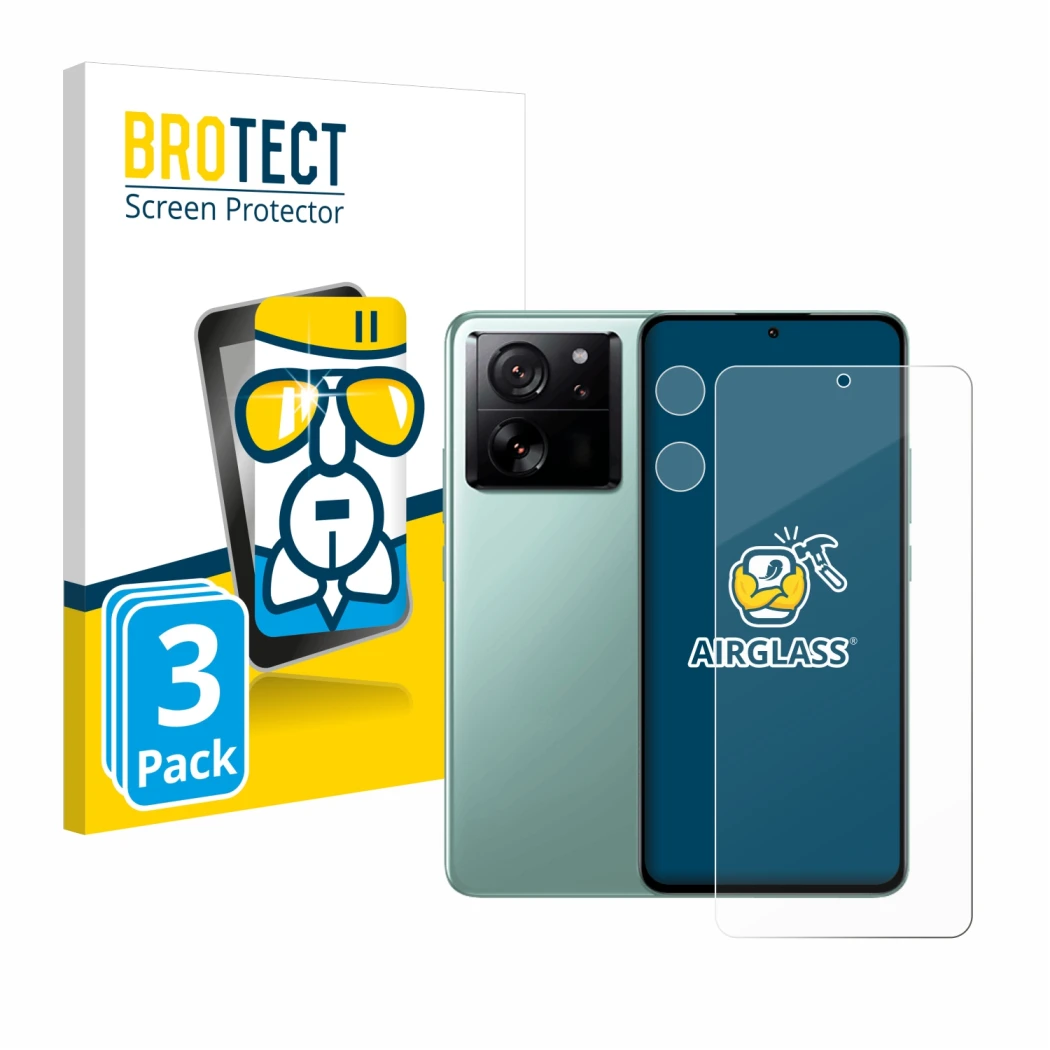 Parte frontal de un envase de producto con el logotipo de la marca BROTECT. Al lado se muestra el dispositivo Xiaomi 13T Pro (