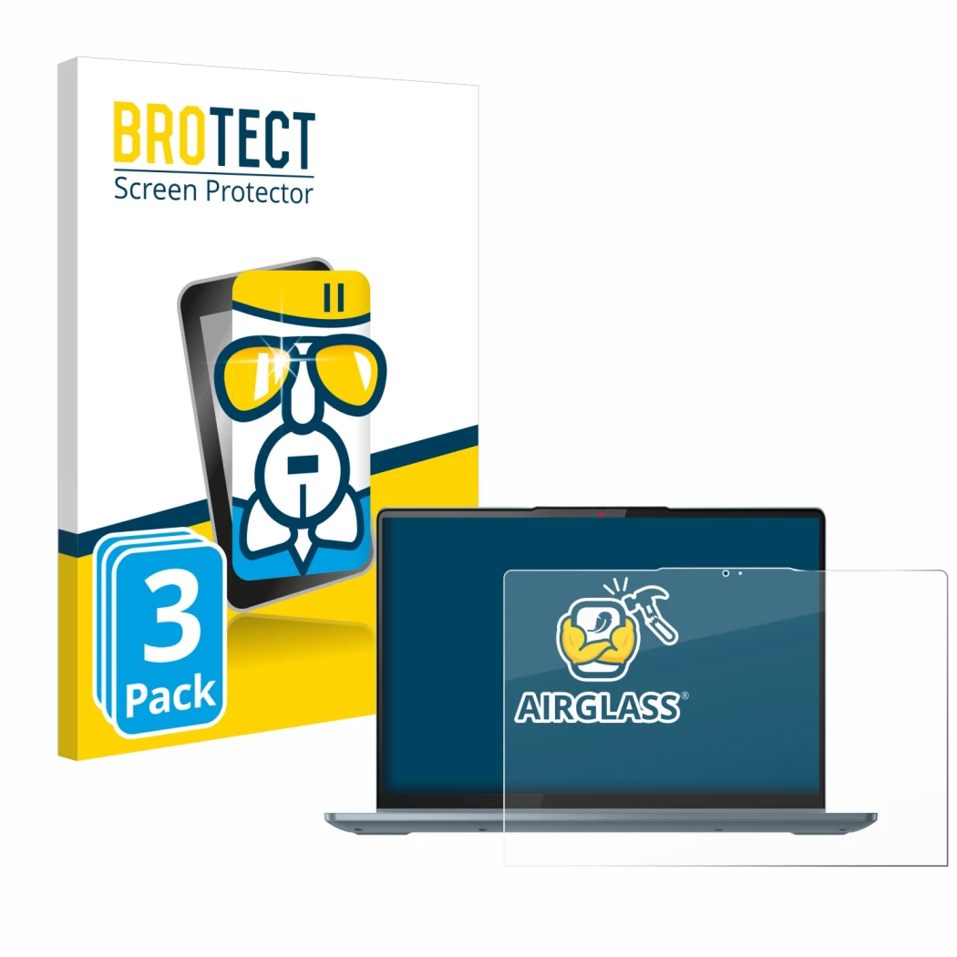 Parte frontal de un envase de producto con el logotipo de la marca BROTECT. Al lado se muestra el dispositivo Lenovo IdeaPad F