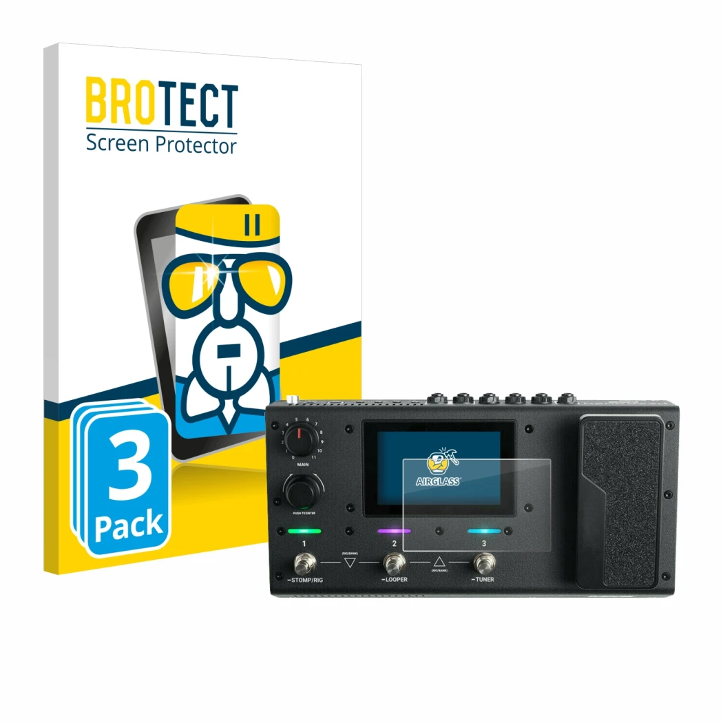 Parte frontal de un envase de producto con el logotipo de la marca BROTECT. Al lado se muestra el dispositivo Headrush MX5 con