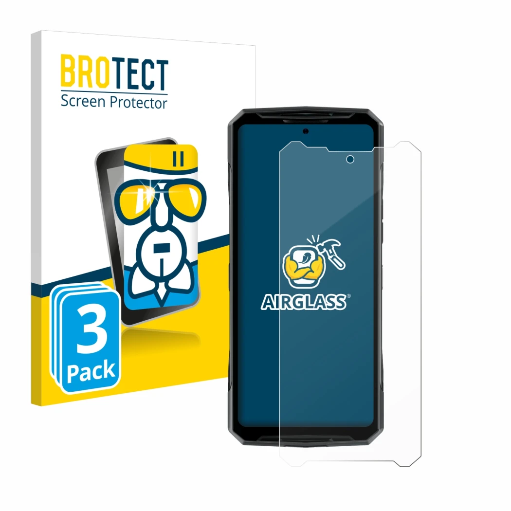 Parte frontal de un envase de producto con el logotipo de la marca BROTECT. Al lado se muestra el dispositivo Doogee DK10 con 