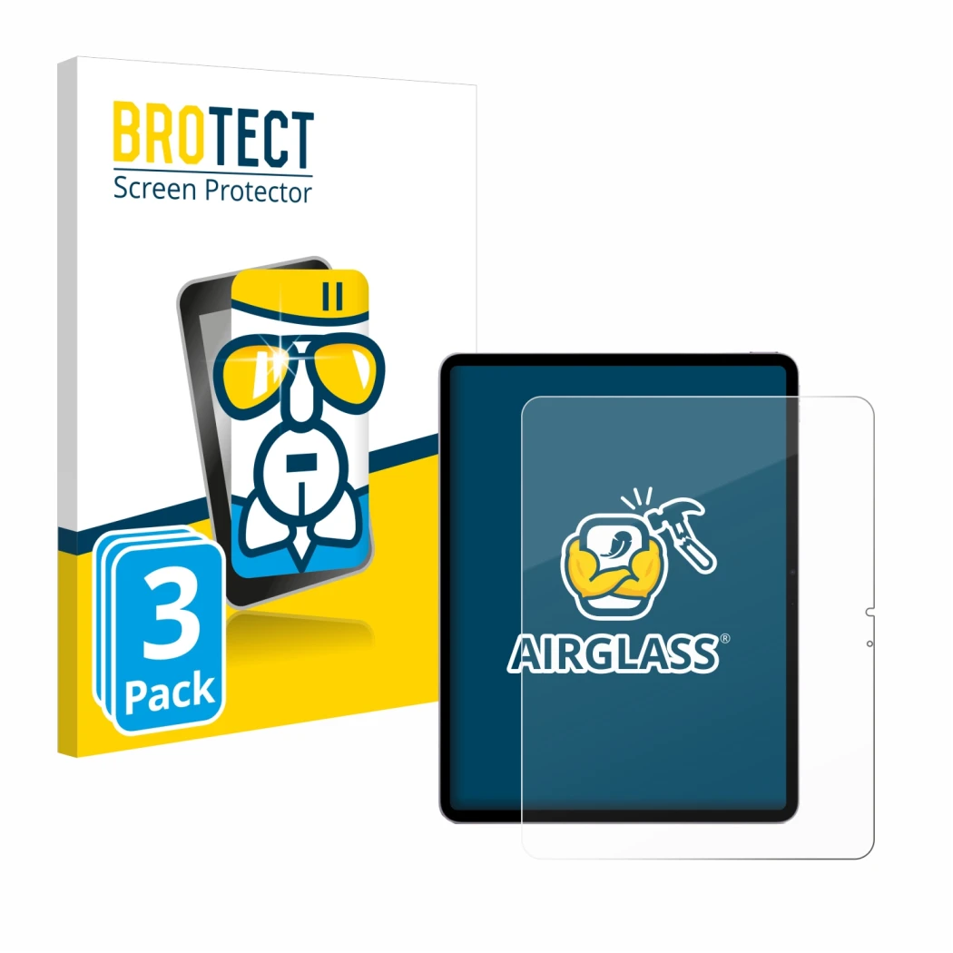 Parte frontal de un envase de producto con el logotipo de la marca BROTECT. Al lado se muestra el dispositivo Apple iPad Air 1