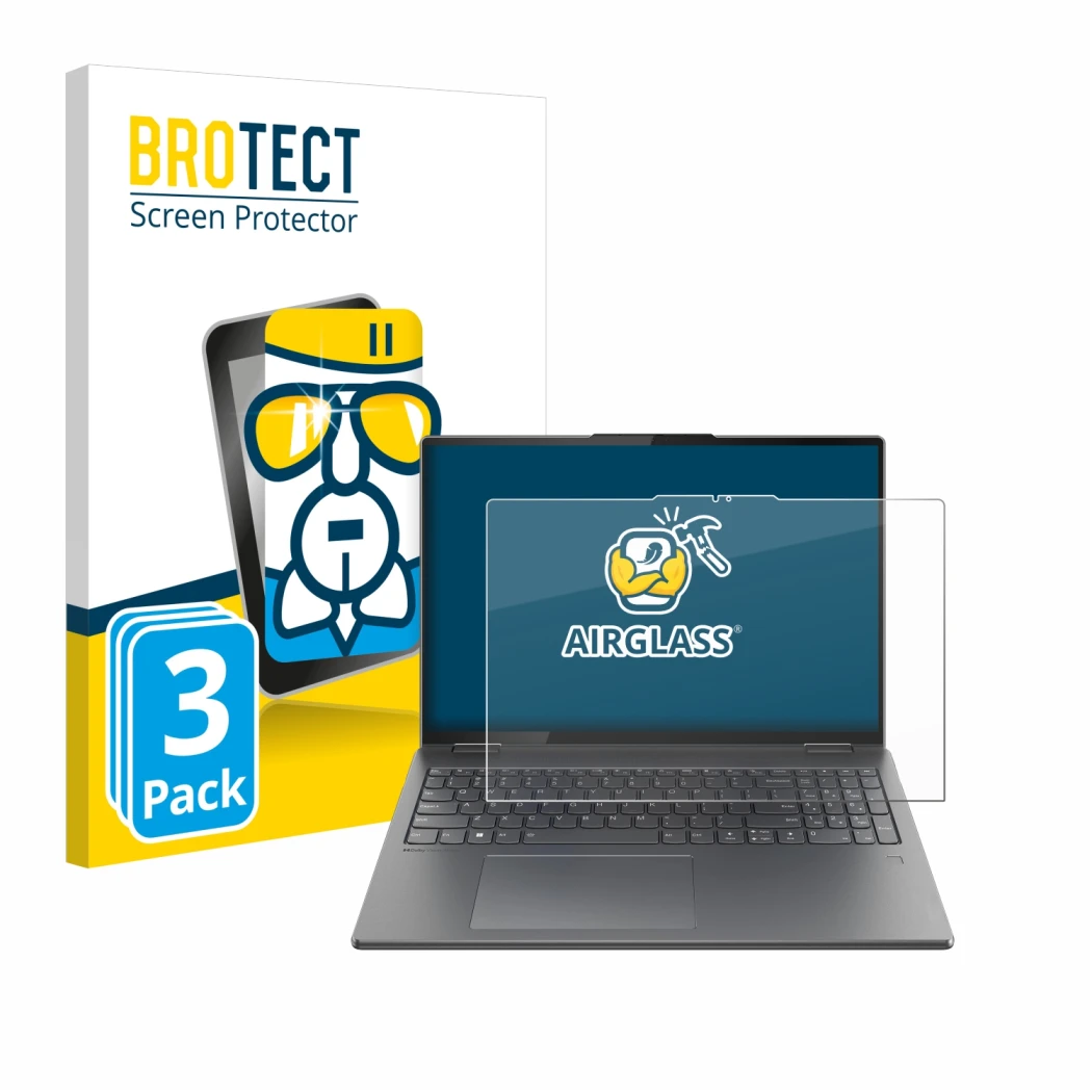 Parte frontal de un envase de producto con el logotipo de la marca BROTECT. Al lado se muestra el dispositivo Lenovo Yoga 7i 2