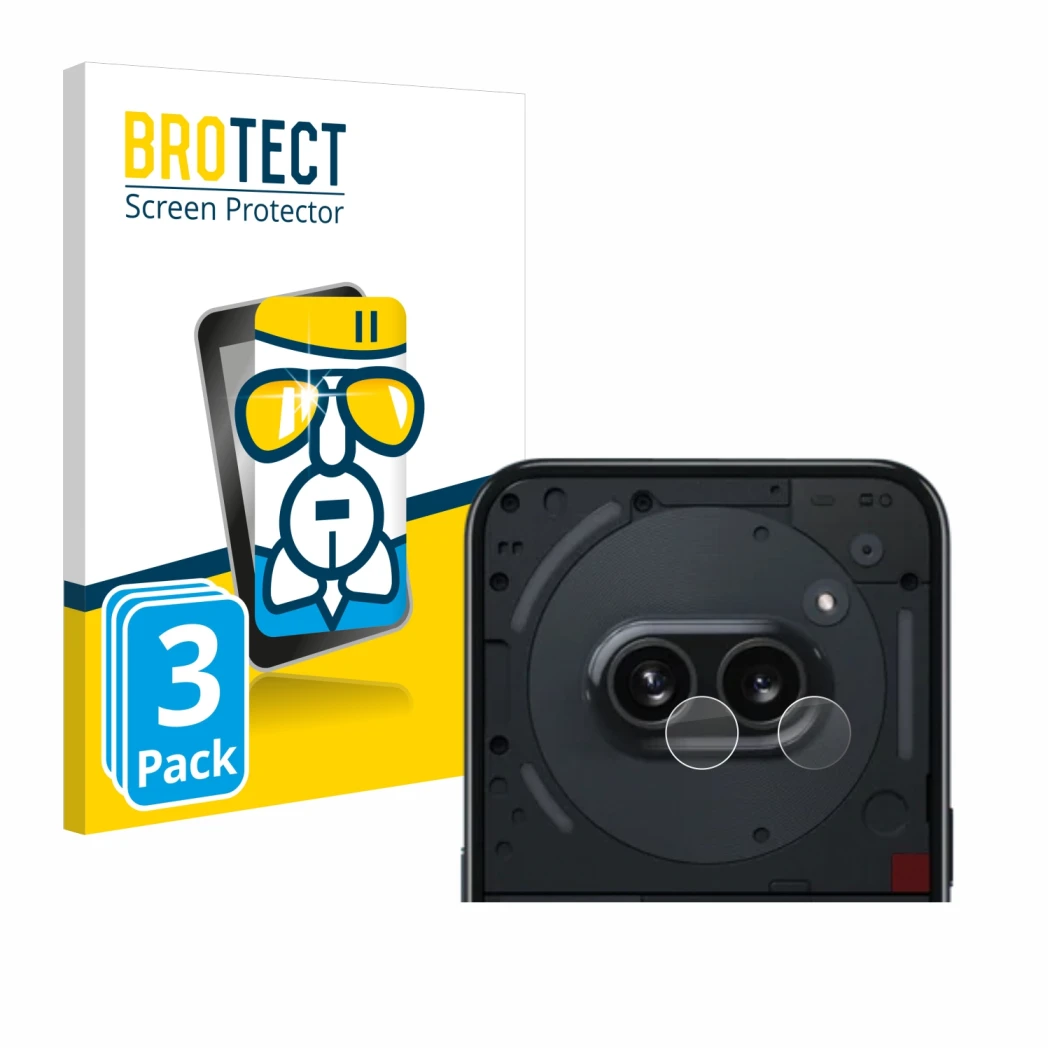 Parte frontal de un envase de producto con el logotipo de la marca BROTECT. Al lado se muestra el dispositivo Nothing Phone (2